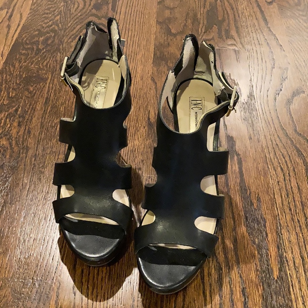 INC Strappy Leather Wedges Wooden Bottom